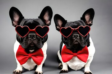 Portrait of black and white french bulldog dogs with bow tie and red heart glasses. Generative AI.