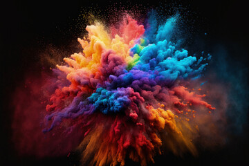 Obraz na płótnie Canvas On a dark background, an explosion of rainbow colored powder is shown. Generative AI