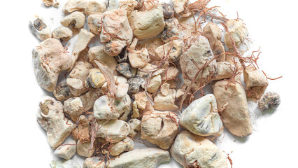Baobab fruit pulp chunks and fibers (Adansonia digitata) isolated on white background