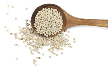 Grain white pepper pile, peppercorn in wooden spoon isolated on white, top view  