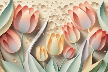 Abstract flower paper cut background. Beautiful gentle pastel spring tulips. AI