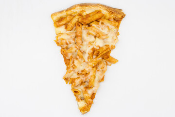 Slice of New York City Style Rigatoni Pasta Pizza on a White Background