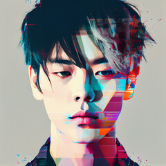 Abstract portrait of Asian man with glitch effect illustration Generative AI