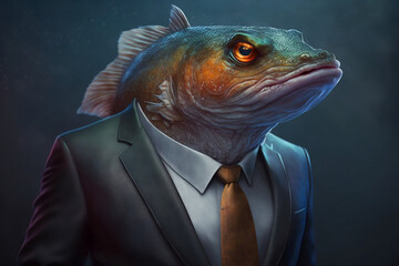 Obraz na płótnie Canvas Portrait of a Catfish Dressed in a Formal Business Suit, The Elegant Boss Catfish, Generative Ai