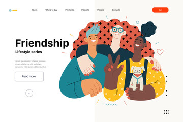Lifestyle website template - Friendship - modern flat vector illustration of a happy young man and women embracing and posing together. People activities concept