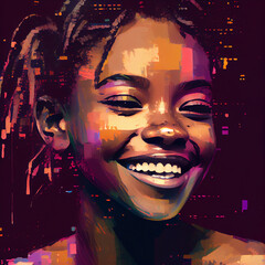 Abstract portrait of African American woman with glitch effect illustration, Generative AI