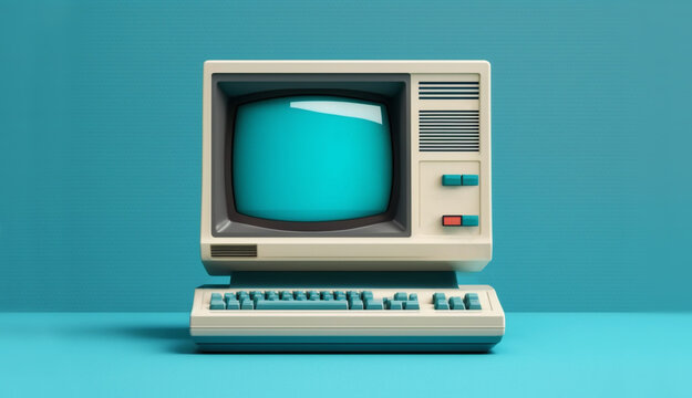 Retro computer on blue background