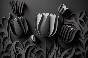 Abstract flower paper cut background. Black spring tulips on a black background. AI