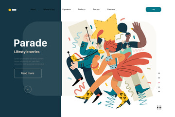 Lifestyle web template - Parade - modern flat vector illustration of people marching together, taking part in parade or rally. Male and female protesters or activists. People activities concept