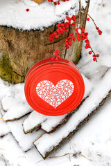 valentine's day box with painted heart on snow