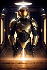 Bronze Armor Cyborg Space Soldier. Generative AI. 