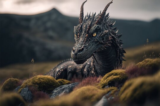 Realistic Photo of a Dragon in the Scottish Highland. Fantasy Art Concept. Generative AI.