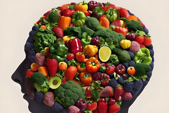 Human brain made of fruits and vegetables. Concept of nutritious food for brain health and memory.Generative ai.