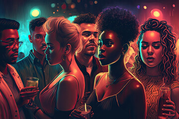 A group of diverse friends enjoy a night out at the club, generative ai