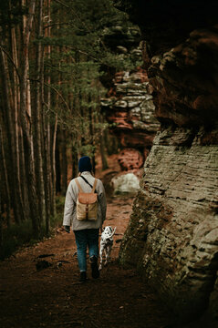 Frau wandert mit Hund im Pfälzer Wald (lämmerfelsen)