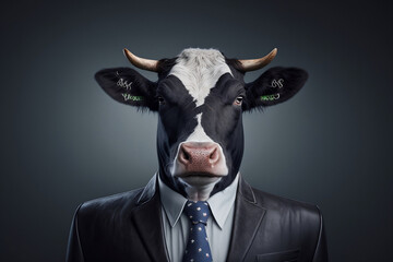Portrait of a Cow Dressed in a Formal Business Suit, The Elegant Boss Cow, Generative Ai