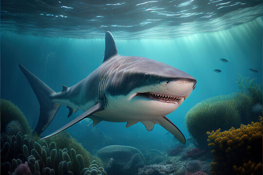 White Shark underwater on ocean Generative AI