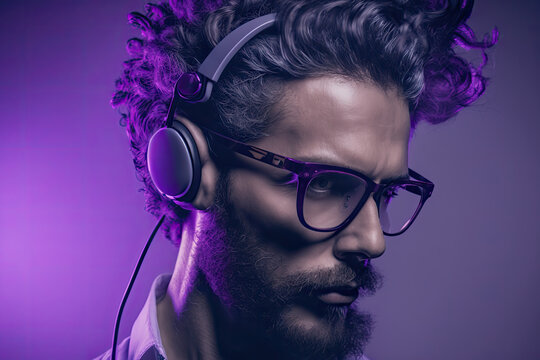 Confident hipster model sports eye-catching glasses and stylish headphones while jamming to latest tunes on purple studio stage, generative ai