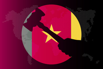 Cameroon flag with judge gavel, corruption concept, law or legal result, news banner