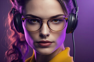 Fototapeta premium Effortlessly chic hipster girl in stylish glasses and high-tech headphones grooves to beat on a vibrant purple studio set, generative ai