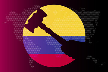 Colombia flag with judge gavel, corruption concept, law or legal result, news banner