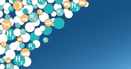 Kreise in Blau, Weiß und Orange mit dem Wasserstoff-Symbol H2 sowie Bahn, Zug, Haus, Fabrik, Flugzeug, Auto und Lkw