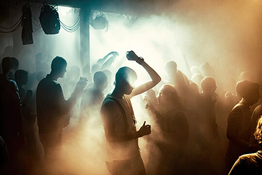 Energetic dance scene with partygoers in a smoke-filled room, generative ai