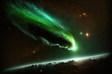 Green comet is on approach for a flyby of Earth. Green comet in space. AI generative