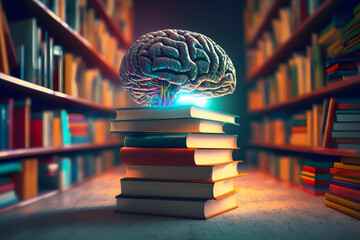 Glowing colored brain on a stack of books on a table in a library among the shelves. The concept of knowledge of the teachings of sciences. Generative AI technology.