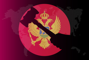 Montenegro flag with judge gavel, corruption concept, law or legal result, news banner