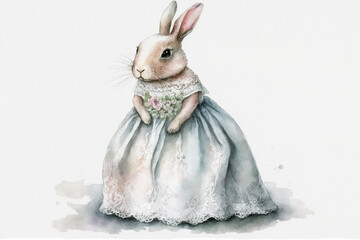 Obraz premium Bunny rabbit in a dress watercolor, Generative AI
