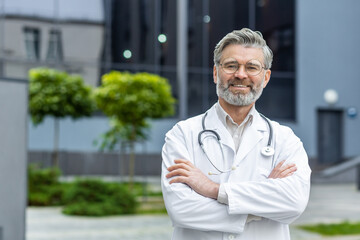 Portrait of a successful mature doctor with a beard and in a medical coat, outside a modern clinic,...