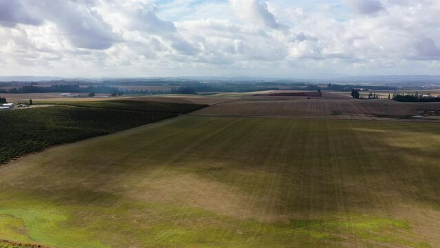 Willamette Valley agricultural land, aerial shot right to left pan, fields and hazelnut orchards, moving patches of light through scattered clouds