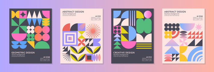 Abstract bauhaus geometric pattern backgrounds with copy space for text.Trendy minimalist geometric designs with simple shapes and elements.Modern artistic vector illustrations.