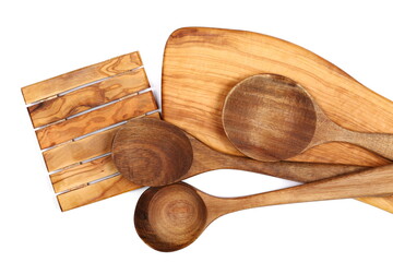 Empty wooden spoons and chopping board isolated on white background, top view