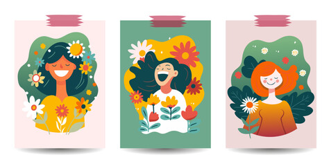 Beautiful happy woman card poster set. Summer and spring flower, girl smile beauty vector background.