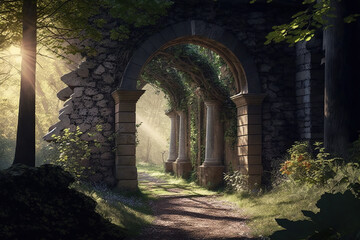 Fototapeta premium stone arch wall entrance in the forest. Spring