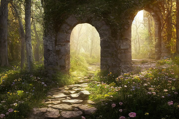 stone arch wall entrance in the forest. Spring