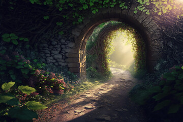 stone arch wall entrance in the forest. Spring