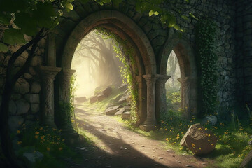 Obraz premium stone arch wall entrance in the forest. Spring