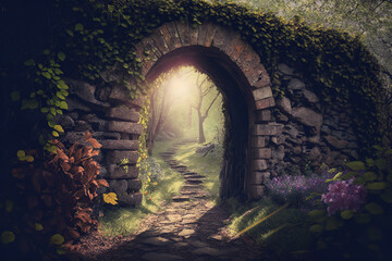 stone arch wall entrance in the forest. Spring