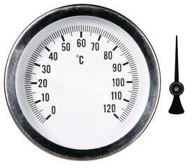 A round thermometer in a metal frame for measuring the ambient temperature on an isolated background.