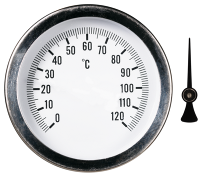 A round thermometer in a metal frame for measuring the ambient temperature on an isolated background.