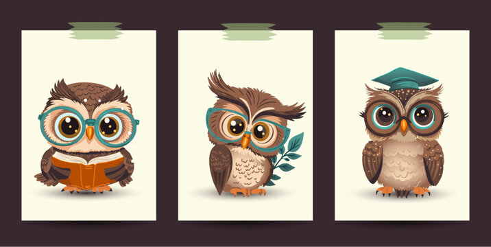 Cute cartoon owl vector card set. Poster learning wisdom smart studying reading print background.