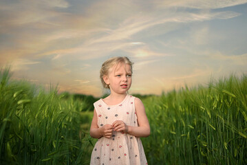 A girl in a green field of wheat
