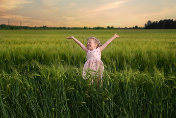 A girl jumps in a green field of wheat
