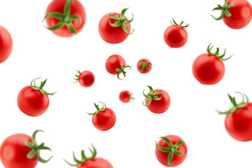 Falling tomato cherry isolated on white background, selective focus