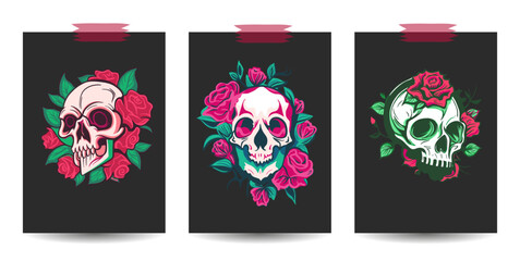 Skull and rose flower card poster set. Dead vector symbol, retro drawing, gothic style print collection