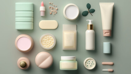  a variety of cosmetics and skin care products arranged on a gray surface with a green leaf on top of the product and the product on the right side.  generative ai