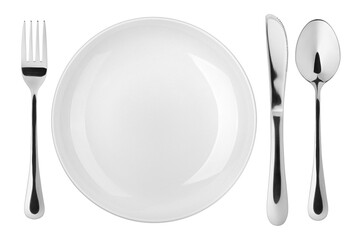 Empty plate, Spoon, fork, knife, clipping path, white background, isolated, top view